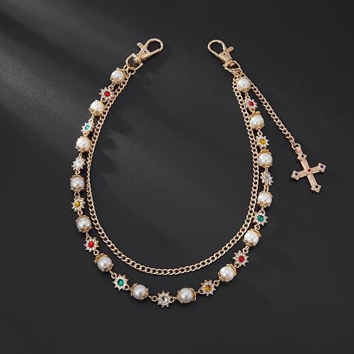 Luxurious Layered Pants Wallet Chains - Rhinestone Cross Gemstone flower Pearl Pocket Chain - Jean Trouser Accessories thumbnail 5