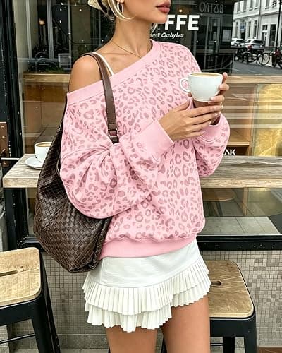 BAIGRAM Women Oversized Leopard Print Fleece One Shoulder Sweatshirt Cute Y2K Grunge Drop Shoulder Pullover Fall Outfits thumbnail 5