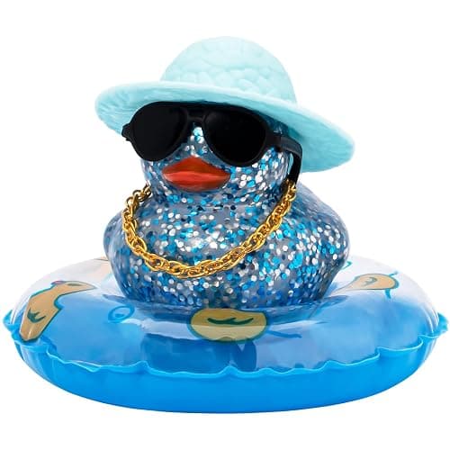 wonuu Shining Rubber Ducks with Plastic Sunglasses Swim Ring Necklace Hat, Glittering Cute Car Accessories Decor Dashboard Decorations Duck Pink Ducky, Straw-Blue Aa-black Glasses-straw-blue - Image 1