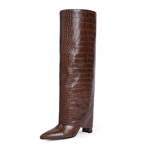 Modatope Knee High Boots Women Fold Over Knee High Boots Chunky High Heels Long Boots Zipper Pointed Toe Dress Tall Boots for Women - Image 1
