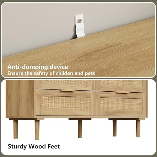 Furniouse 6 Drawer Rattan Dresser for Bedroom Wood Boho Dressers with Solid-Wood Legs & Natural Real Rattan Drawer, Modern Chest of Drawers Beside Table for Bedroom, Living Room thumbnail 7