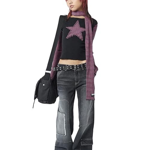 Women Vintage Star Pattern Stripes Patchwork T Shirts Long Sleeve Crew Neck Crop Top Casual Y2K 90s Streetwear thumbnail 4
