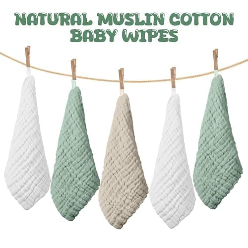Breling 20 Pcs Baby Muslin Washcloth 12x12 in, White, Khaki, Dark Green | 100% Cotton,Soft and Absorbent Burp Cloth, Wipe Newborn Face Body Towel, for Baby Boy Girl Sensitive Skin thumbnail 4