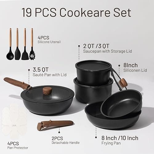 CAROTE 19pcs Pots and Pans Non Stick, Cookware Sets Detachable Handle, Induction Kitchen Pots and Pans,NonStick Cooking Set, Oven/Dishwasher/Fridge Safe, Space Saving thumbnail 2