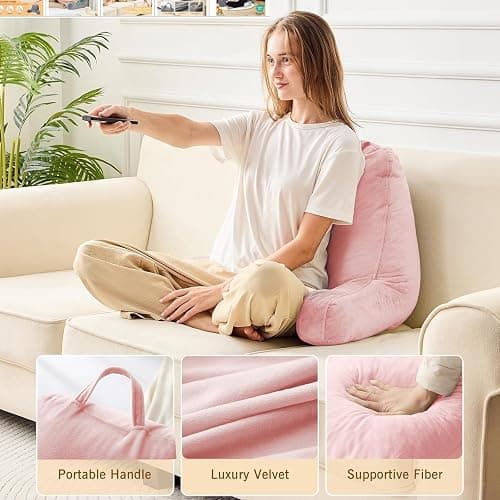 Sasttie Reading Pillow, Velvet Back Pillow for Bed Sitting Up, Adult Back-Rest Support Cushion with Arms for Sit Up on Couch, Sofa, and Floor, Dorm Essentials, Reading Accessories, Pink thumbnail 4