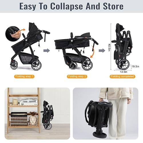 Baby Stroller, 2-in-1 Reversible Toddler Seat with Lie-Flat Mode, Foldable Infant Stroller with Canopy, One Button Brake, Adjustable Handle, Newborn Pushchair (Black B) thumbnail 7