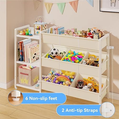 CYXPHION B7 Toy Storage Organizer with 3-Tier Wooden Shelves and 8 Bins, Toy Chest Storage, Toy Shelf Organizer, Kids Bookshelf and Toy Storage for Kids Room, Bedroom, Playroom, Nursery, White thumbnail 3