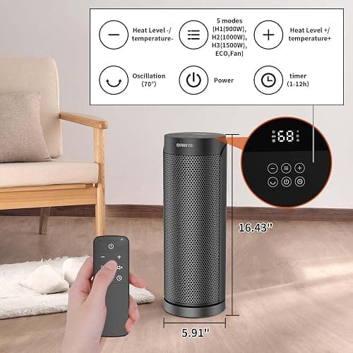 Portable Space Heater for Indoor Use with Remote - QOWETU 70° Oscillating Electric Heater, 17 Inchs, 12H Timer, 1500W Quiet PTC Ceramic Heating with Thermostat, Fast Safety Heat for Home, Bedroom thumbnail 2
