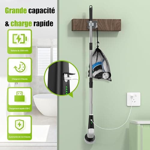 YKYI Brosse électrique Nettoyage rotative avec 8 têtes, Manche Extensible, 2 Vitesses, Batterie 2500mAh, étanche IPX7 – Brosse Nettoyage Salle de Bain et Cuisine thumbnail 7