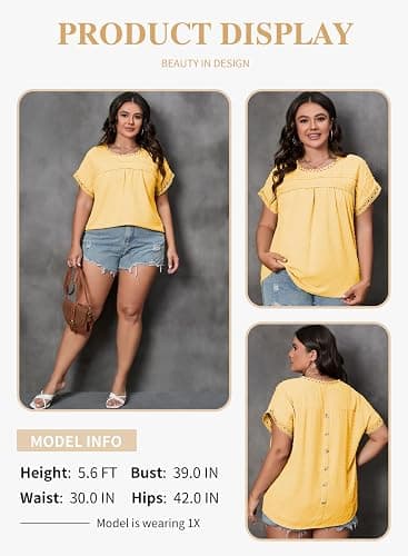 Eytino Womens Plus Size Tops Short Sleeve Crewneck Boho Chiffon Blouses | Dressy Casual Shirts,Lace Crochet,Cute Swiss Dot,Loose Fit,Summer Beach Vacation Clothes,Trendy Fashion Outfits thumbnail 3