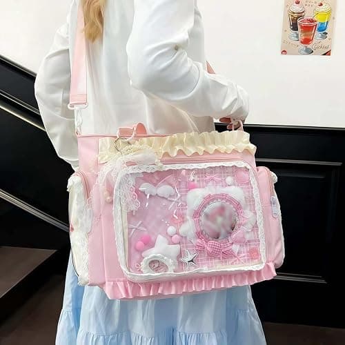 ita crossbody tote bag, pin display with Insert large messenger bag, cute tote bag with zipper ruffle, japanese aesthetic y2k thumbnail 3