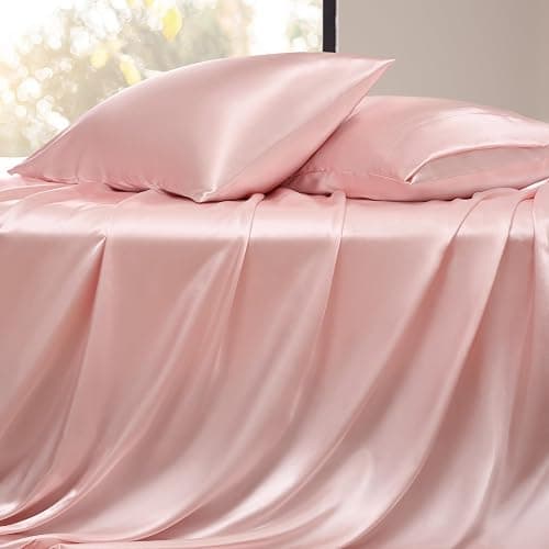 Bedsure Pink silk Sheets Queen Size - 4 Piece Silky Bedsheets with 15 Inches Deep Pocket Fitted Bedsheet,1 Flat Sheet, 2 Satin Pillowcases, Good for Hair & Skin (Queen, Peach Pink) thumbnail 6