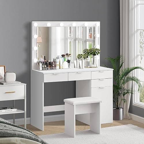 TUKAILAi White Large Dressing Table Set with Hollywood 12 LED Lights Mirror and Cushioned Stool, Vanity Desk Set Makeup Table with 4 Drawers and Storage Unit Dresser for Bedroom Girls Women thumbnail 2