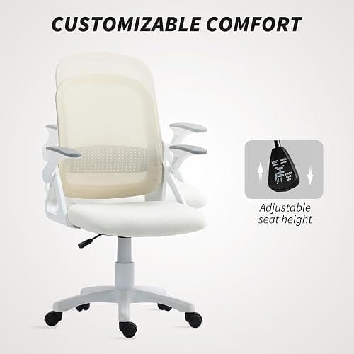 HOMCOM Breathable Mesh Office Chair, Ergonomic, Flip-up Armrests, White | Swivel Computer Chair, Lumbar Back Support, for Home/Office thumbnail 6