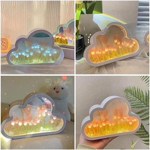 Yckeogln DIY Cloud Tulip Mirror Night Light, Simulation Flower Bedroom Cloud Tulip Table Lamp, Creative Home Decoration, Room Decor for Teen Girls(Pink) thumbnail 3