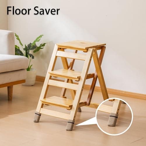 Latifolia Foldable 3 Step Ladder, Wooden Step Stool with Floor Saver, Decorative Ladder Shelf for Living Room, Kitchen, Garden(Nature) thumbnail 4