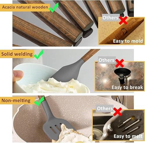 Non-Stick Silicone Kitchen Utensils Set with Natural Acacia Hard Wood Handle, Umite Chef 8 Pieces Kitchen Spatulas set, White, BPA Free, Baking, Serving and Cooking Utensils - White thumbnail 7