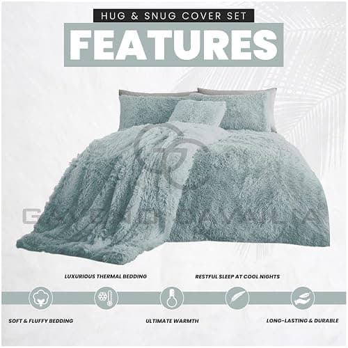 GC GAVENO CAVAILIA Faux Fur Shaggy Single Duvet Cover Set, Hug & Snug Fluffy Bedding Set With Pillow Case, Thermal Warm Cosy Fleece Comforter Set, Duck Egg thumbnail 3