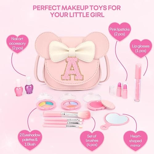 Kids Makeup Kit for Girls - 15 Pcs Real Washable Make Up Set - Non Toxic Toddlers Cosmetic with Letter Mouse Ear Purse - Easter Basket Stuffers for 3 4 5 6 7 8 Years Old Girls Birthday Gift - A thumbnail 6