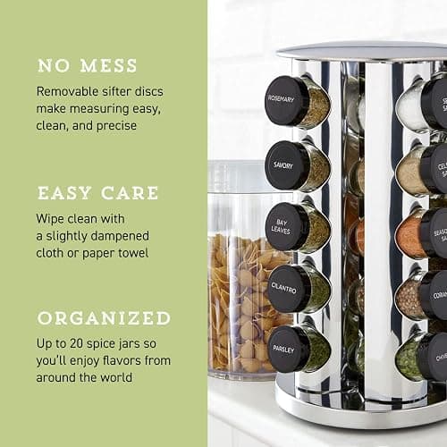 Kamenstein 20 Jar Revolving Countertop Spice Rack with Spices Included, FREE Spice Refills for 5 Years, Polished Stainless Steel with Black Caps, 30020 thumbnail 7
