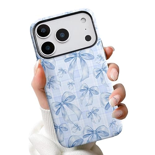 SZXYCZL Compatible with iPhone 17 Pro Max Case Phone Case, Aesthetic Kawaii Soft TPU Hard PC Protective Phone Cute Simple Checkered Bow Pattern for Women-Blue - Image 1