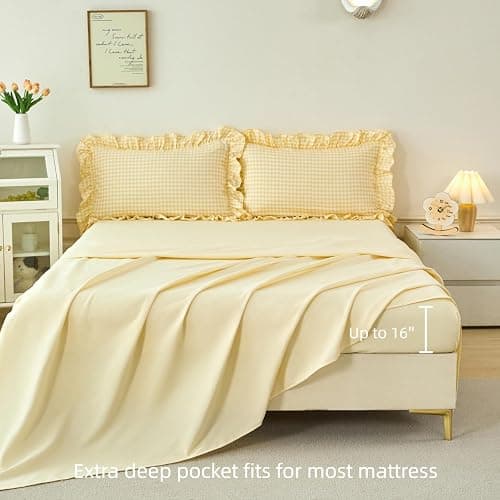SUCSES Yellow Gingham Ruffle Comforter Set for Kids Twin 5 Pieces Ruffled Plaid Bedding for All Seasons Soft Lightweight Grid Printed Bed Comforter Sets (Yellow Gingham, Twin) thumbnail 5