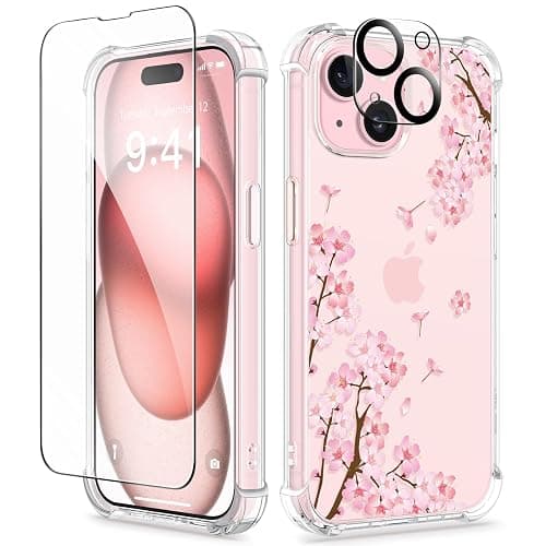 GVIEWIN for iPhone 15 Case Floral, with Screen Protector&Camera Lens Protector,[Non Yellowing] Soft Shockproof Clear Phone Protective Cover for Women, Flower Pattern Design 6.1" (Sakura/Pink) - Image 1