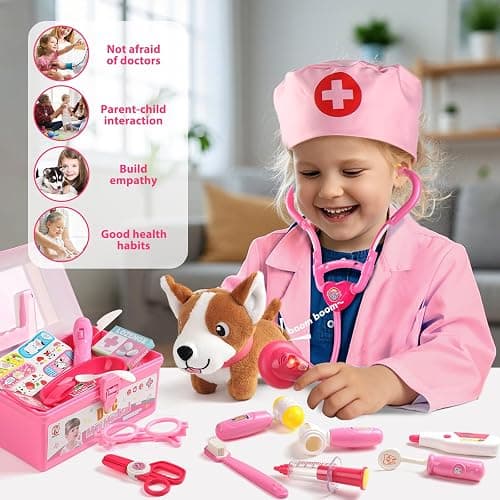 Doctor Kit for Toddlers 3-5 Dress Up for 2+ Year Olds Girls Pretend Veterinarian Toddler Doctor Play Set with Stethoscope Pink Costume Dog Toy Christmas Birthday Gifts for 2 3 4 5 6 Year Old Girls thumbnail 6