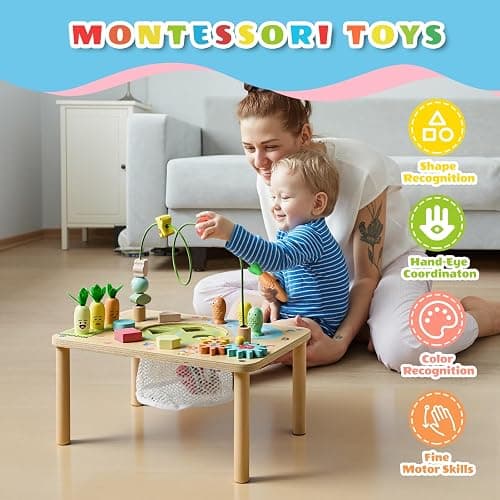 wingyz Activity Table, 6 in 1 Wooden Montessori Activity Center with Bead Maze Shape Sorter Fishing Game, Kids Sensory Play Table Toddler Toys 1st Birthday Gifts Boy Girl(Morandi-Square) thumbnail 4