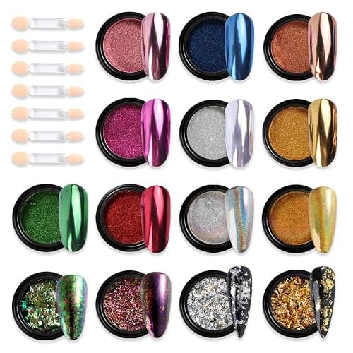 Chrome Nail Powder Set 14 Colors Pink Blue Silver Metallic Effect Mirror Powder for Nails with Brushes Holographic Pigment Chameleon Flakes for Nails Gold Leaf Decoration Nail Supplies - Image 1