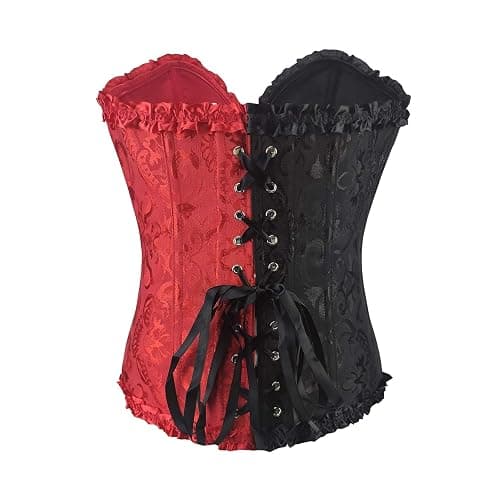 RHISLEO Women Black Red Bustier Burlesque Basque Rouge Zip Lace Up Boned Corset Top thumbnail 3