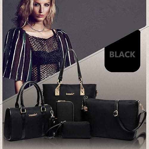 AlwaySky Nylon 6 PCS Women Shoulder Bag Top-Handle Handbag Tote Purse Wallet Key Case Set thumbnail 2