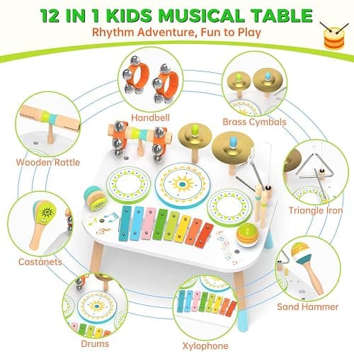 12-in-1 Drum Set for Toddlers 1-3,Baby Musical Instruments Table ,Wooden Montessori Toys with Xylophone,Bongo Drums,Cymbals,Maracas & Wrist Bells,Birthday Gift for 1 2 3 Year Old Boy Girls thumbnail 3