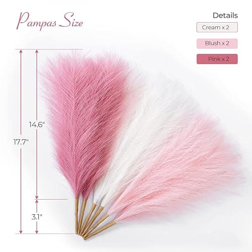 Serwalin Pampas Grass Pink Decor 17.7 Inch 6pcs, Faux Pampas Grass Home Decor, Artificial Pampas Grass Blush Fake Pampas, Short Vase Room Christmas Decoration thumbnail 3