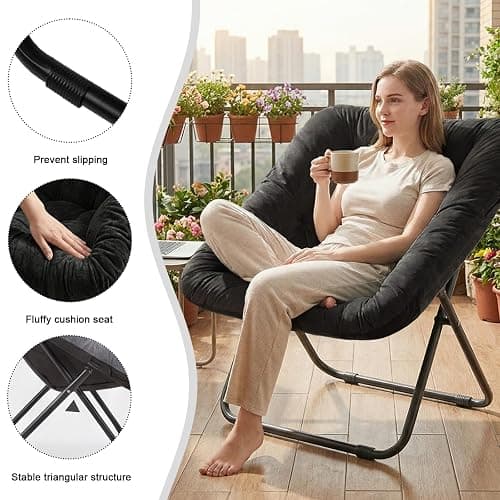 Saucer Chair, Folding Chairs for Living Room, Comfy Adults Chair with Soft Faux Fur for Bedroom, Reading and Dorm Room, X-Large (Black) thumbnail 7