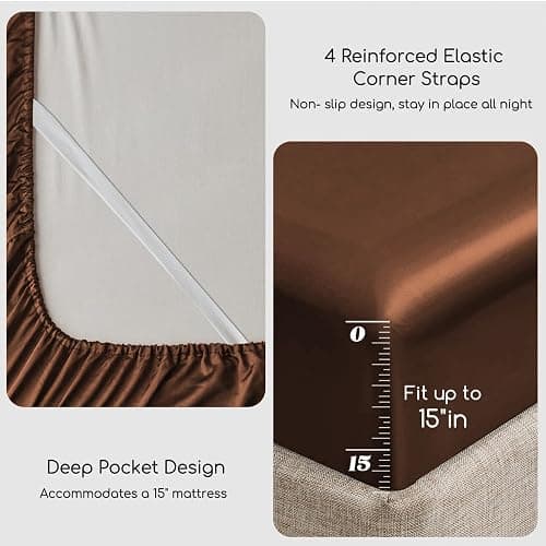 MR&HM Satin Bed Sheets, Full Size Sheets Set, 4 Pcs Silky Bedding Set with 15 Inches Deep Pocket for Mattress (Full, Brown) thumbnail 5