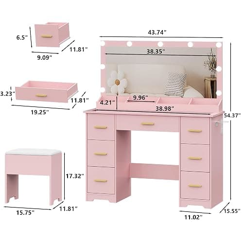 METOTI 44" Vanity Desk with 38" Large Mirror and 9 LED Lights & Glass Top and Power Outlet, Makeup Vanity Set with 7 Drawers & Chair and RGB Ambient Light, Dressing Table for Bedroom, Modern Pink thumbnail 2