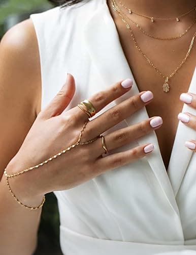 YEEZII Gold Hand Chain Bracelets for Women, 2 Pcs 14k Gold Plated Cubic Zirconia Link Chain Bracelet Set, Trendy ring bracelet hand chain Jewelry for Her thumbnail 8