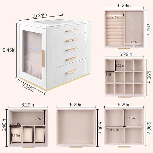Homeanda Jewelry Box for Women with Glass Lid, 5 Drawers Jewelry Organizer and Storage for Necklaces, Rings, Earrings, Bracelets, Gift for Girls and Teens,PU Leather (White) thumbnail 2