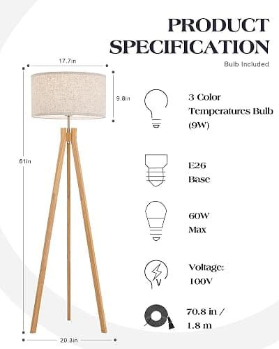 ELYONA Nordic Wood Tripod Floor Lamp, Modern Reading Standing Lamp for Living Room 3 Color Temperatures LED Bulb Included Flaxen Lamp Shade, Boho Natural Wooden floor lamp for Bedroom Office Kids Room thumbnail 5