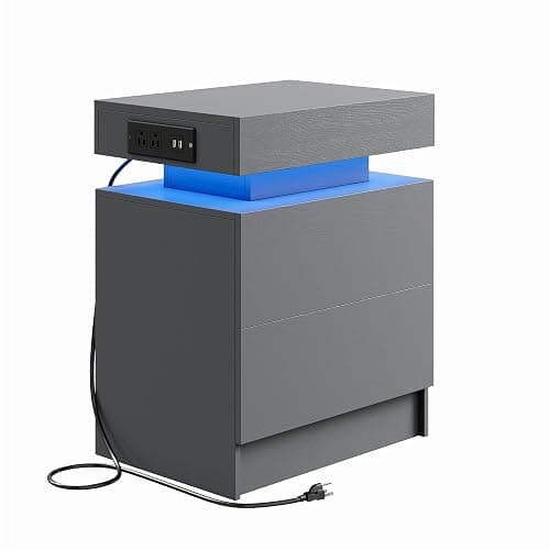 LIKIMIO Night Stand with Charging Station, Modern Grey Nightstand with LED Light and Drawers, Bedside Tables/End Table for Bedroom thumbnail 7