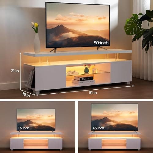 Cubehom White TV Stands for Living Room LED TV Stand Modern TV Stand with Storage for 65/70/75 inche TVs Entertainment Center for Living Room - 51inch - White thumbnail 2