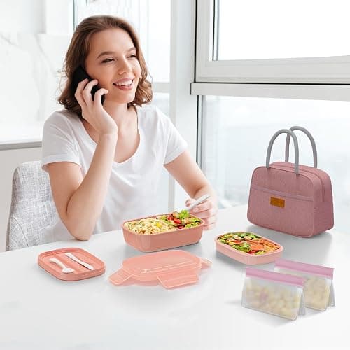 JBGOYON® Bento Lunch Box Set - 3 Stackable Containers for Adults and Kids，lunch box for women- Includes Lunch Bag, Leak-Proof and BPA-Free - Built-in Utensil Set - Dishwasher Safe (Pink) thumbnail 2