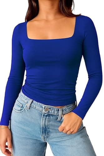 TiulZial Square Neck Shirt for Women - Long Sleeve Going Out Tops Double Lined Tight Crop T Shirt Slim Fit thumbnail 2