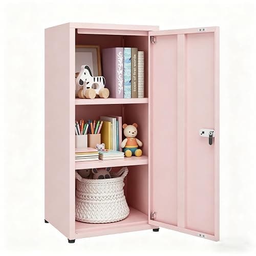 MIOCASA Metal Storage Cabinet with Lock, 3 Adjustable Shelves Single Door Steel Locker for Home, Office & Garage (Pink) - Image 1