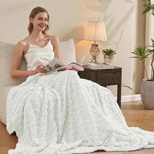 KMUSET White Fleece Blanket for Couch - Super Soft Cozy Luxury Throw Blankets for Women, Beautiful 3D Jacquard Gift Blanket for Girls, 50 x 60 Inches thumbnail 4