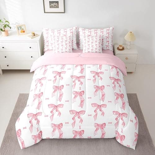 Erosebridal 7 Piece Bedding Set Full Bowknot Comforter Set with Sheets Coquette Checkered Bow Bed in a Bag Cute Princess Fashion Kawaii for Kids Girls Women thumbnail 2