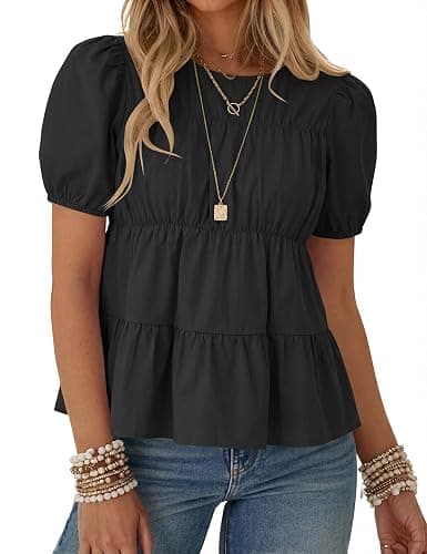Rapbin Womens Puff Short Sleeve Babydoll Tops Summer Peplum Pleated Cotton T Shirts Casual Loose Fit Flowy Blouses - Image 1