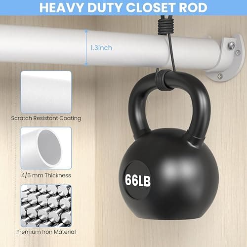 Closet Rods for Hanging Clothes, 17 to 99 Inch Heavy Duty Stepless Adjustable Closet Hanging Rod, 1.3 Inch Diameter Metal Closet Rod for Wardrobes Laundry Bedroom RV, White thumbnail 3