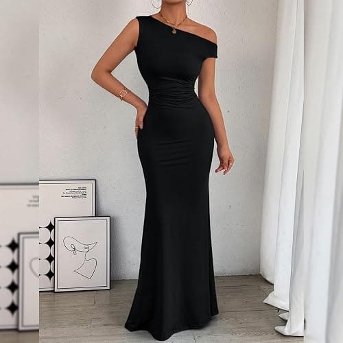Gkaopi Robe Femme Sexy sans Manches Une Épaule Robes Longue Moulante Elégant Bodycon Maxi Robe de Soirée D'éte Décontracté Plissée Couleur Unie Wrap Robes pour Clubbing Cocktail Prom Fête thumbnail 3